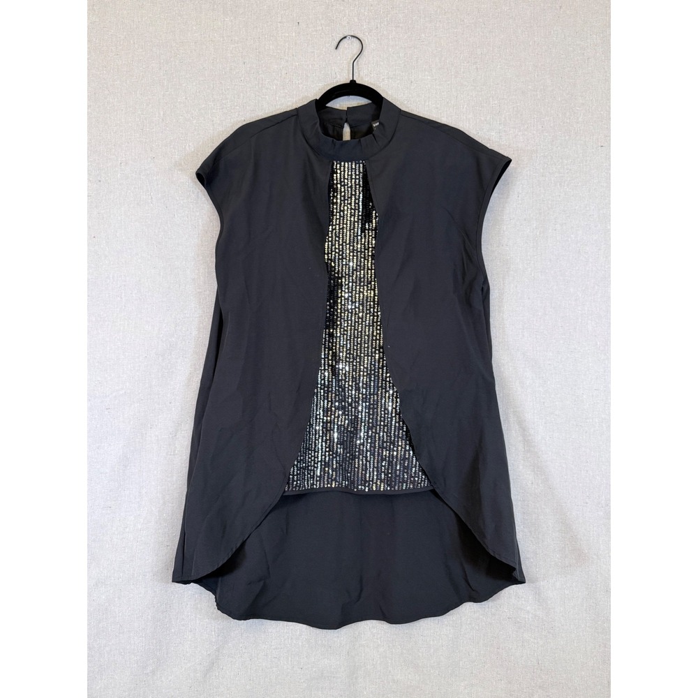 SHEIN Black Sequin Front High Low Mock Neck Sleeveless Top Large sz2407248011964